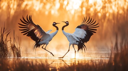 Fototapeta premium A pair of red-crowned cranes dancing in a misty wetland, their graceful movements captured in the dawn light