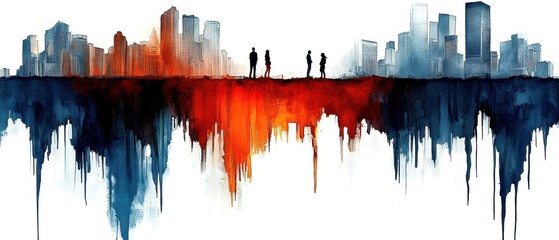 Fototapeta premium Abstract skyline with silhouettes, vibrant colors, artistic representation.
