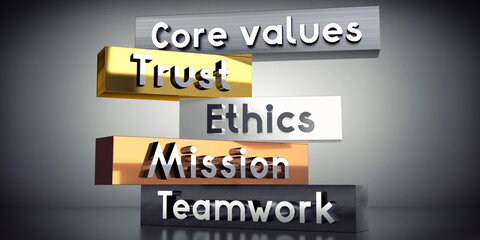 Core values, trust, ethics, mission, teamwork - words on metal blocks - 3D illustration