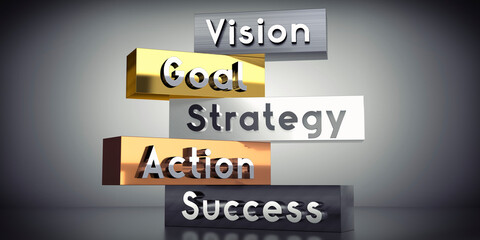 Vision, goal, strategy, action, success - words on metal blocks - 3D illustration