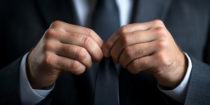 Close-up of a businessman adjusting his tie with focused hands, ready for a professional meeting.