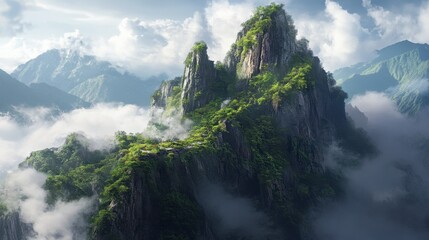 A rugged mountain cliff covered in patches of greenery, reaching up toward the clouds.