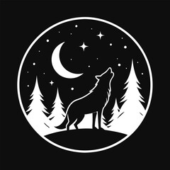 A wolf on a mountain with the moon in the background.