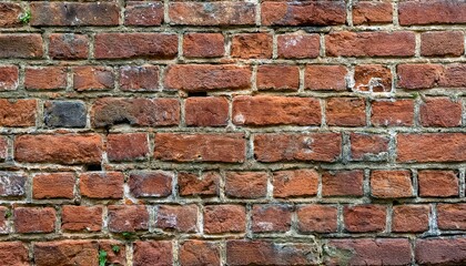 Fototapeta premium Close-up of an old, textured red brick wall with visible moss and weathering, on a white isolated background.