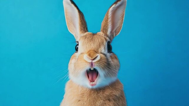 A rabbit with wide eyes and an open mouth appears surprised, set against a vivid blue backdrop, capturing its playful character