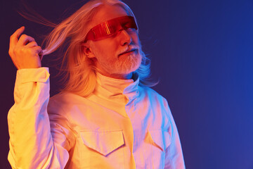 futuristic portrait, elderly man, colorful background with blue and red lights, stylish sunglasses, modern fashion, artistic expression, confident pose, long white hair, contemporary vibe