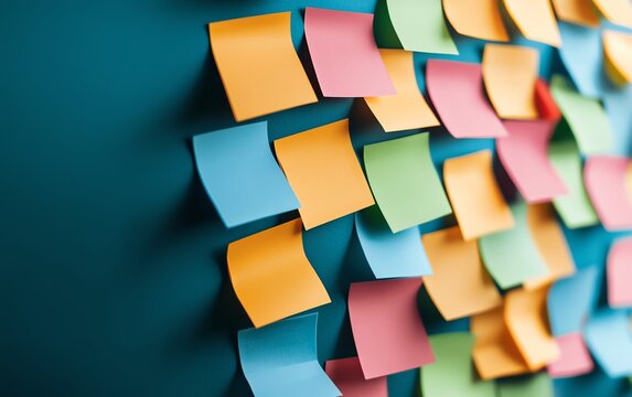 Colorful sticky note reminders on a wall for organization and productivity.