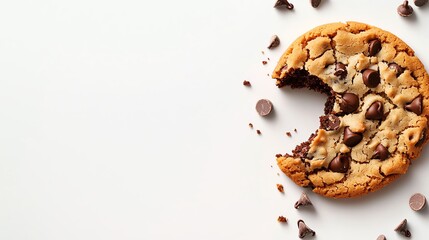 Delicious chocolate chip cookie with a bite taken, surrounded by chocolate chips, on a white background.