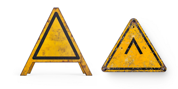 Weathered Yellow Triangular Warning Sign on a Transparent Background