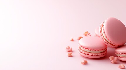Delicious pink macarons arranged on a pastel pink background with delicate floral accents.