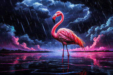 Neon Flamingo in a Stormy Night watercolor vector painting art illustration
