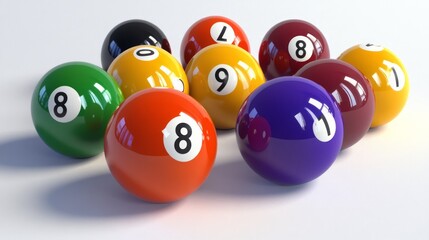 A group of billiard balls in different colors and numbers, on a white surface.