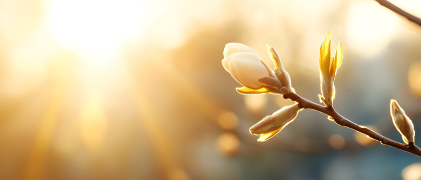 Cinematic macro shot of delicate buds on a tree branch capturing the essence of nature in glorious sunlight