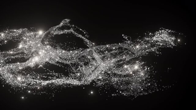Abstract silver shimmering, dynamic golden particles suspended in mid-air on a dark background. The intricate display creates a sense of movement, light, and luxury, 3D animation. 