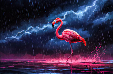 Neon Flamingo in a Stormy Night watercolor vector painting art illustration
