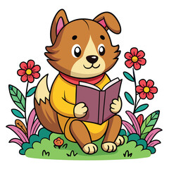 A cartoon dog sits in a field of flowers and reads a book.