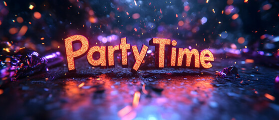 A vibrant and colorful 'Party Time' display with sparkling lights and festive atmosphere, perfect for celebration themes.