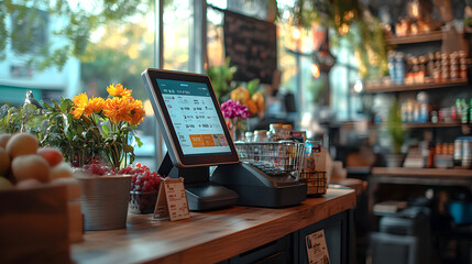 charming cafe counter featuring a digital POS system, fresh flowers, and fruits. The backdrop highlights a bright and inviting atmosphere with shelves and greenery.