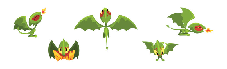 Fairy Dragon Baby Green Lizard with Wing and Tail Vector Set