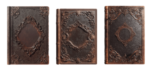Set of antique decorative leather book covers with vintage embossed designs with copy space for interior, isolated on transparent PNG background