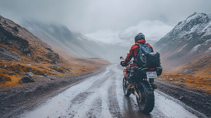 motorcyclist in a red jacket travels along a wet, winding mountain road surrounded by dramatic scenery and snow-capped peaks. The moody atmosphere enhances the sense of adventure.