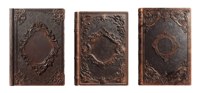 Set of antique decorative leather book covers with vintage embossed designs with copy space for interior, isolated on transparent PNG background