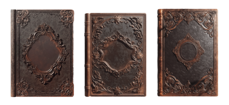 Set of antique decorative leather book covers with vintage embossed designs with copy space for interior, isolated on transparent PNG background