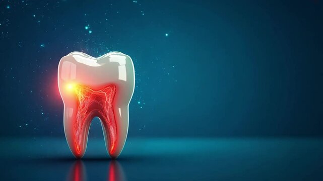 A 3D model of a tooth with illuminated nerves and roots, highlighting dental pain or sensitivity on a blue backdrop with copy space