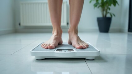 women's feet standing on home scales to measure body weight