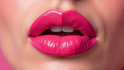 Obraz premium plump female lips with pink lipstick close-up