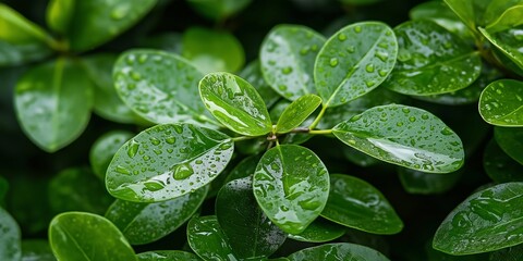 Glossy leaves adorned with fresh rain droplets illustrate the purity and rejuvenation of nature’s simplicity.