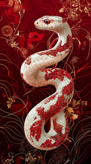 Fototapeta premium an artistic illustration of a snake with a red head and a beige body with red and beige scales