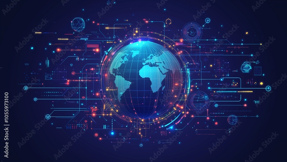 Wall mural global connection in 3d: a digital illustration of earth with a network of light and data