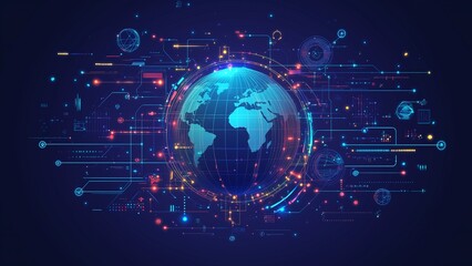 Global Connection in 3D: A Digital Illustration of Earth with a Network of Light and Data