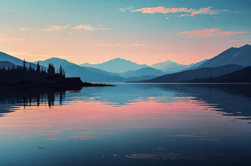 Fototapeta premium Minimal Silhouette Mountains Overlooking a Lake watercolor painting art illustration 