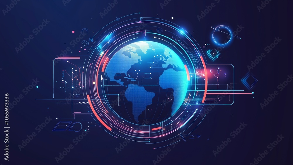 Wall mural global connection in 3d: a digital illustration of earth with a network of light and data