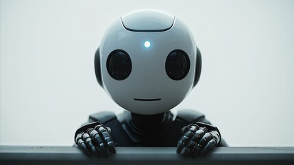 Black and white robot peering over an edge with curious round eyes and metallic, articulated hands