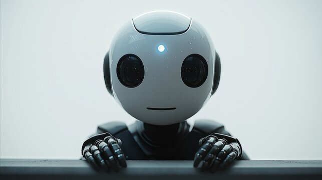 Black and white robot peering over an edge with curious round eyes and metallic, articulated hands
