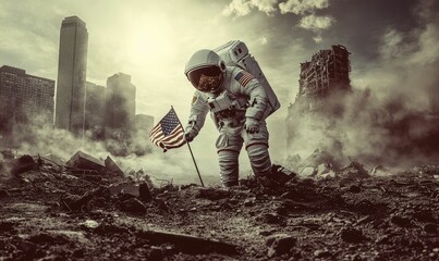 Astronaut holding US flag in ruined city.