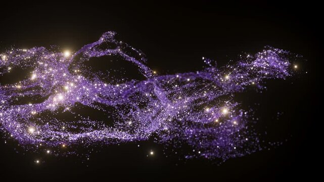 Abstract purple shimmering, dynamic golden particles suspended in mid-air on a dark background. The intricate display creates a sense of movement, light, and luxury, 3D animation. 