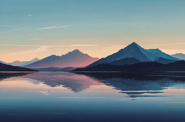 Minimal Silhouette Mountains Overlooking a Lake watercolor painting art illustration
