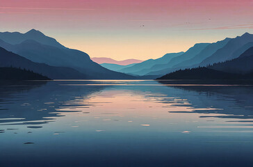 Minimal Silhouette Mountains Overlooking a Lake watercolor painting art illustration
