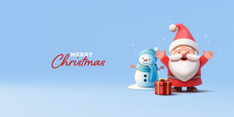 Happy Santa, snowman, gift, 3D. Banner for Christmas Celebration. Greetings with the Winter Holidays. Vector illustration.
