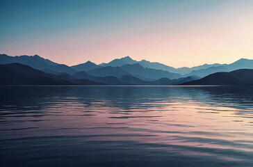 Minimal Silhouette Mountains Overlooking a Lake watercolor painting art illustration
