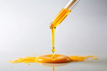 Saffron-colored slime dripping from a pipette onto a pristine white background, biochemical, microbiology, drip, clean, petri dish