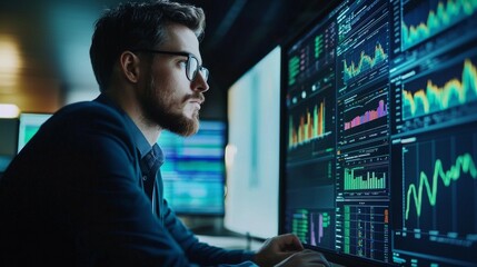 Businessman analyzing financial data on multiple screens