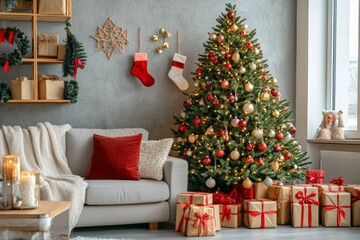Christmas tree with large decoration and huge amount of gift boxes Mock up