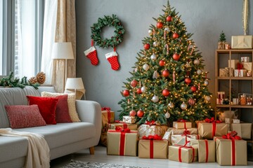Christmas tree with large decoration and huge amount of gift boxes Mock up