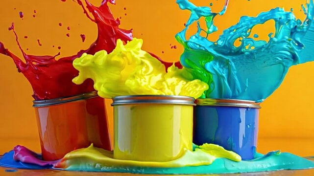 Three open cans of paint unleash bright colors, creating dynamic splashes against a vivid orange backdrop, highlighting creativity and energy
