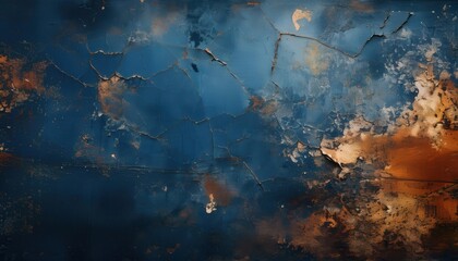 Macro Shot of Cracked and Weathered Blue Paint with Rusty Orange Accents, Showcasing the Effects of Aging, Decay, and Natural Erosion on Industrial Surfaces.Ideal for Textures and Abstract Art Concept